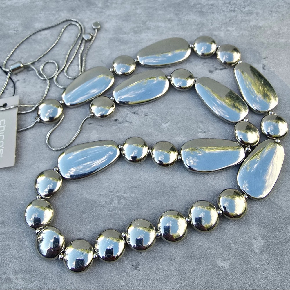Chicos Silver Tone Pebble Disc Convertible Long Adjustable Bolo Necklace NWT
